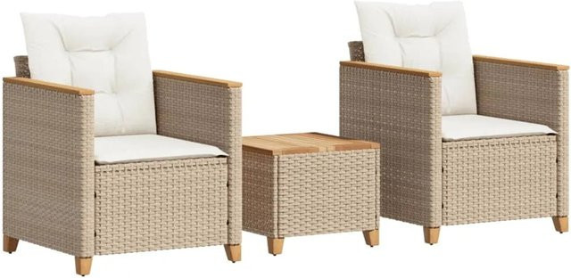 vidaXL 3-teiliges Bistro-Set aus Poly Rattan und Akazienholz in Beige mit Kissen - Bild 1