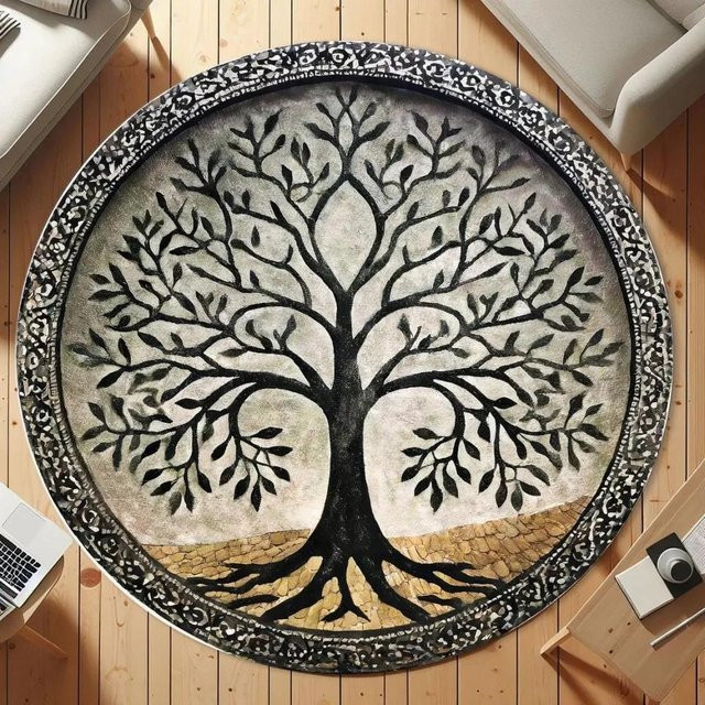 Karpetti Runder Teppich Lebensbaum Mandala in Multicolour, Waschbar und Rutschfest, Durchmesser: 60 cm - Bild 1