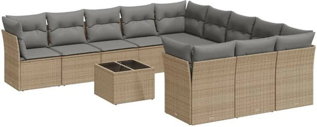 vidaXL 12-teilige Garten-Sofagarnitur in L-Form aus Poly-Rattan mit Kissen und Stauraum, Beige-grau - Bild 1