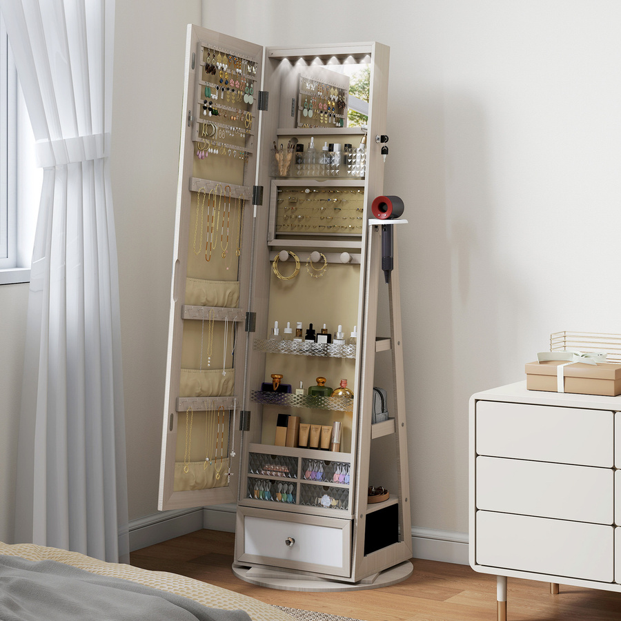 HOMCOM Schmuckschrank mit LED-Ganzkörperspiegel und Föhnhalter, 360 Grad drehbar, Natur/Braun, mit Schublade, Schloss und offenen Regalen - Bild 2