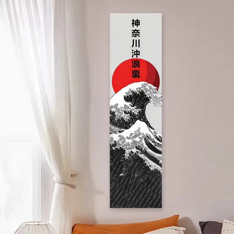 VIKAMA Wandteppich mit japanischen Meereswellen und roter Sonne in Rot und Multicolour, Boho Wandbehang mit Landschaftsmotiv für dein Zuhause - Bild 3