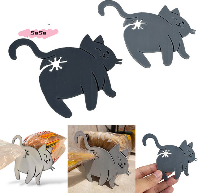 2 Stück YOWEI 3D Katzen-Hintern Brotbeutel-Clips aus Kunststoff in Grau zur Lebensmittelaufbewahrung - Bild 1