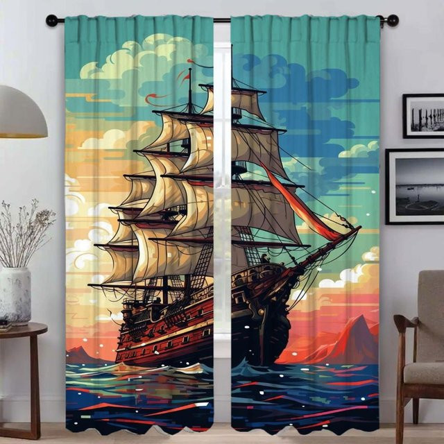 Zweiteiliges Set Verdunkelungsvorhänge mit Schiffsillustration in Multicolour, Breite: 50 cm, Höhe: 70 cm pro Paneel - Bild 1