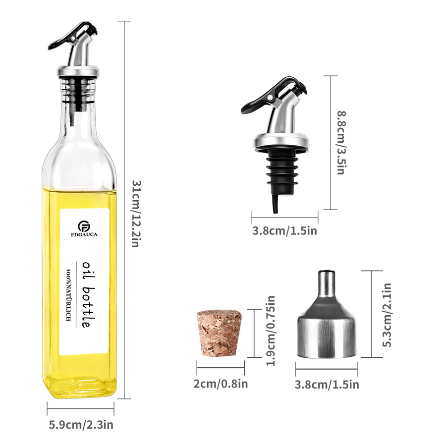 SAEIV 4er-Set Glasölflaschen mit Bambusständer und Edelstahl-Ausgießern, 500 ml pro Flasche, transparent, Set aus Olivenöl- und Essigspendern mit Metalltrichter und Korkstopfen - Bild 3