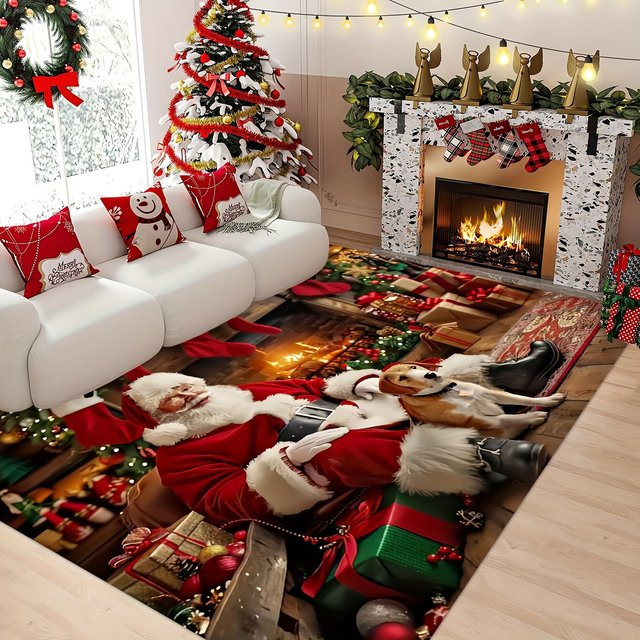 VIKAMA Weihnachtsteppich mit Weihnachtsmann-Motiv als dekorativer Druckteppich für Wohnzimmer und Schlafzimmer - Bild 1