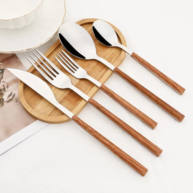 PINKTEN Besteckset aus Edelstahl mit Holzgriff in Braun und Silber, bestehend aus Messern, Gabeln, Löffeln und Teelöffeln - Bild 1