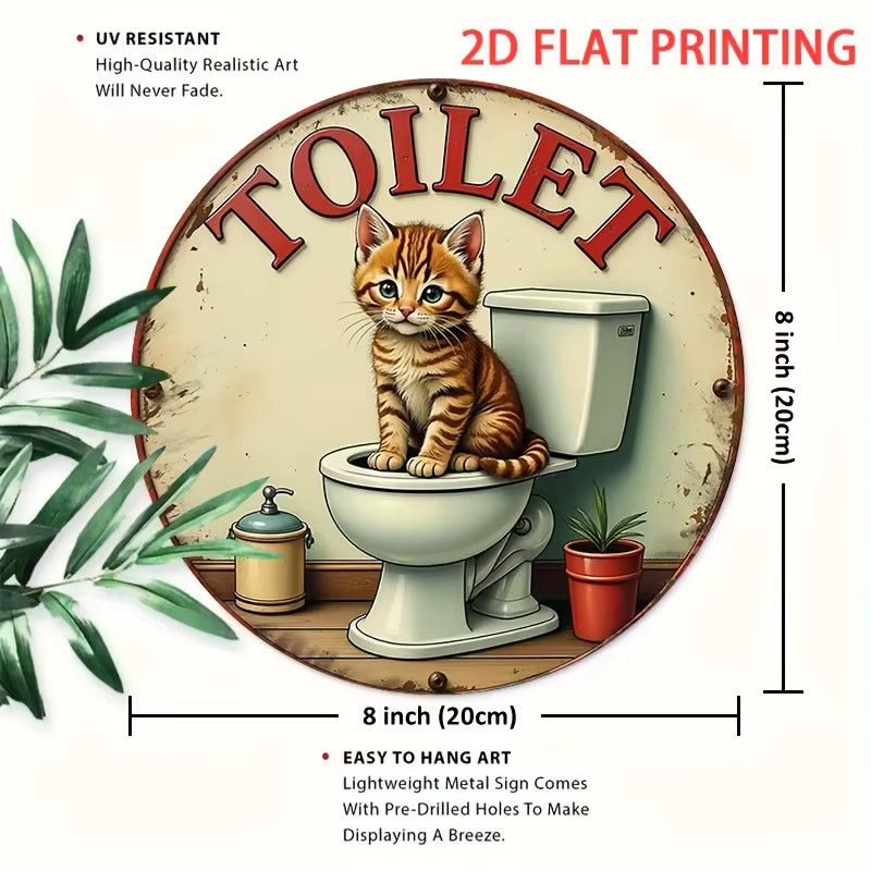 Vintage Badezimmerdekoration aus Metall mit orangefarbenem Tabby-Kätzchen und Toilettenschild von Potdemiel - Bild 3