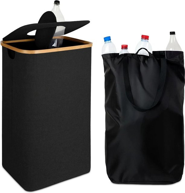 Relaxdays Pfandflaschen Sammelbehälter aus Bambus und Baumwolle mit Deckel, Schwarz, B: 70 cm, T: 42 cm, H: 34 cm - Bild 1