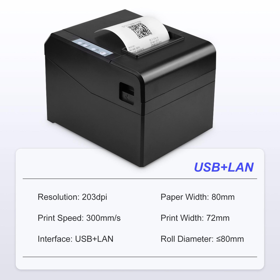 Aimo Thermo-Belegdrucker AU-2 in Schwarz mit USB- und LAN-Anschluss, 80 mm Thermodirektdruck für den Desktop mit 300 mm/s Druckgeschwindigkeit - Bild 3