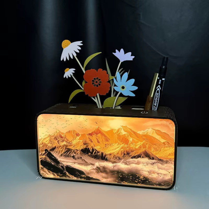 Multifunktionales Desktop-Ornament aus Holz mit Bluetooth-Audio, Umgebungslicht und Stifthalter in Schwarz und Multicolour - Bild 2