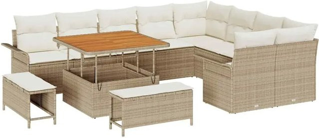vidaXL 12-teiliges Garten-Sofaset aus Poly Rattan und Akazie mit Kissen in Beige - Bild 1