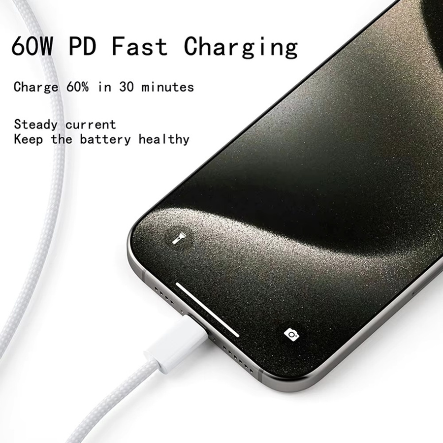 USB-C auf Typ-C Datenkabel mit 60W PD Schnellladefunktion, geflochtenes Ladekabel in Weiß für Android und Samsung - Bild 3