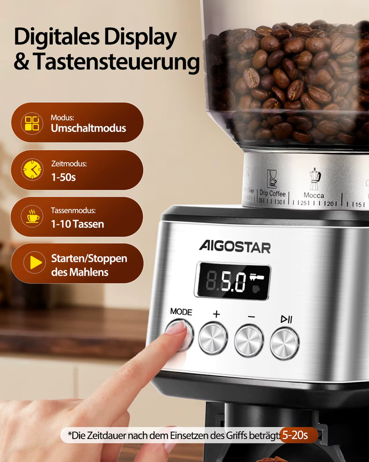 Aigostar Elektrische Kaffeemühle mit Kegelmahlwerk aus Edelstahl in Silber mit 52 Mahleinstellungen und Digitaldisplay für Espresso, Filterkaffee und Siebträger - Bild 4