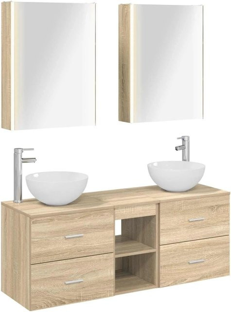 vidaXL Badezimmermöbel-Set 5-teilig in Sonoma-Eiche mit Spiegelschrank, Waschtischunterschrank und Wandschrank, Farbe Braun, Material Holz und Glas mit LED-Beleuchtung - Bild 1