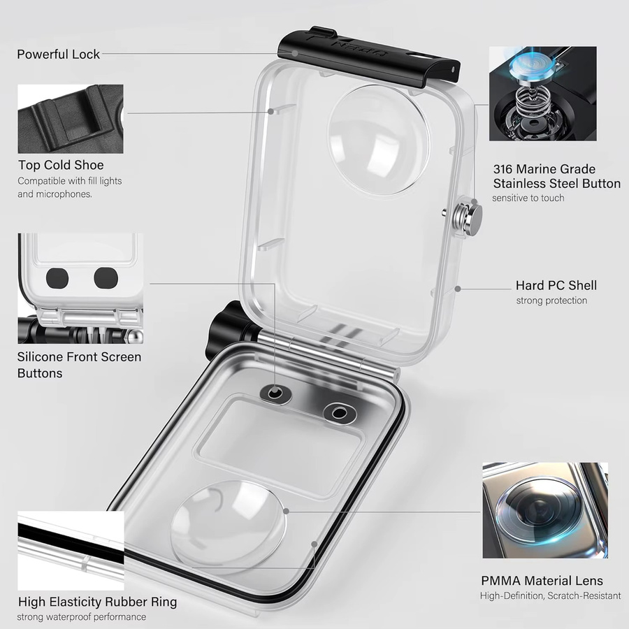 Walking Way wasserdichtes Gehäuse für DJI Osmo360, beschlagfreies Touchscreen-Kameragehäuse, transparent, bis 45 m Tauchtiefe - Bild 4