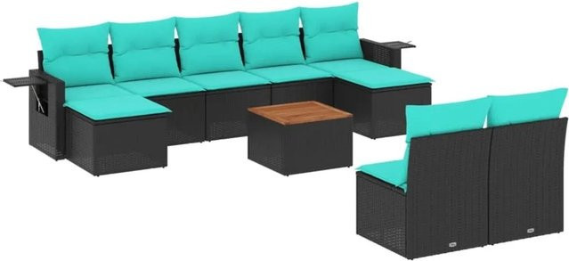 vidaXL 10-tlg. Gartensofa-Set aus schwarzem Polyrattan mit blauen Kissen und Metallgestell für Garten und Terrasse - Bild 1