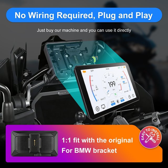 IYING 7 Zoll Motorrad Display mit kabellosem CarPlay und Android Auto, schwarzes Display für BMW R1200GS R1250GS R1300GS S1000XR inklusive TPMS Reifendruckkontrolle und Lenkrad-Drehregler-Steuerung - Bild 1