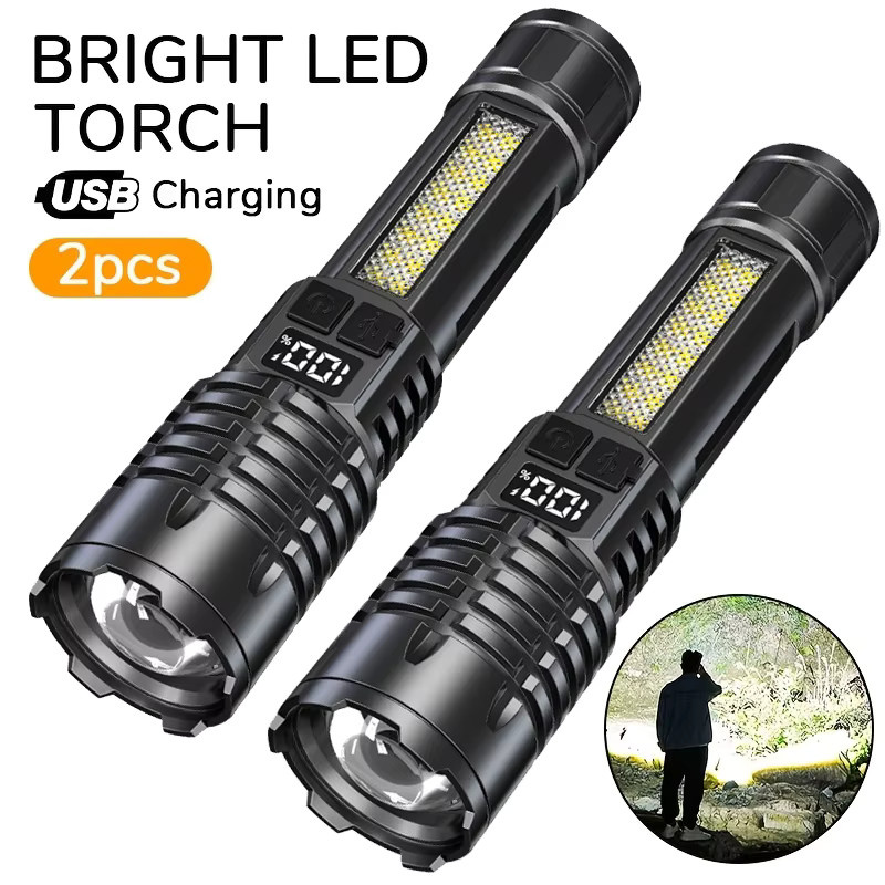 Wiederaufladbare LED-Taschenlampe in Schwarz mit Seitenlicht und Zoomfunktion, wasserdicht mit 5 Modi für Camping und Angeln - Bild 7
