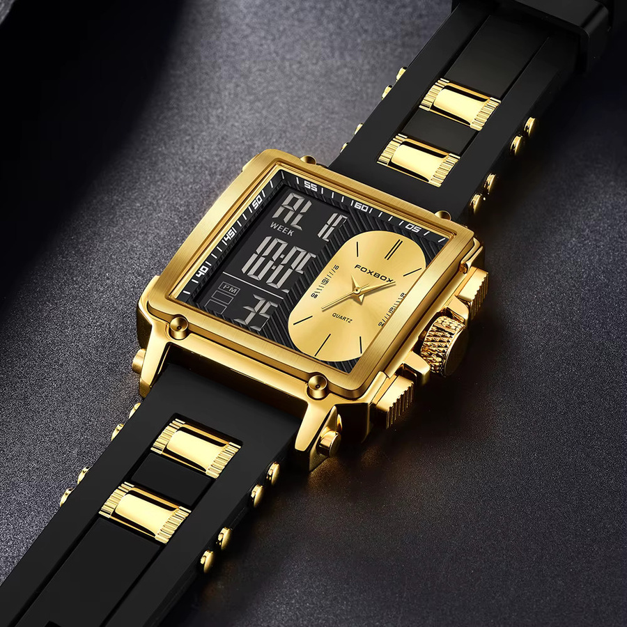 FOXBOX Digitaluhr, Quarz, Silikon, Schwarz, Gold, Herren - Bild 4