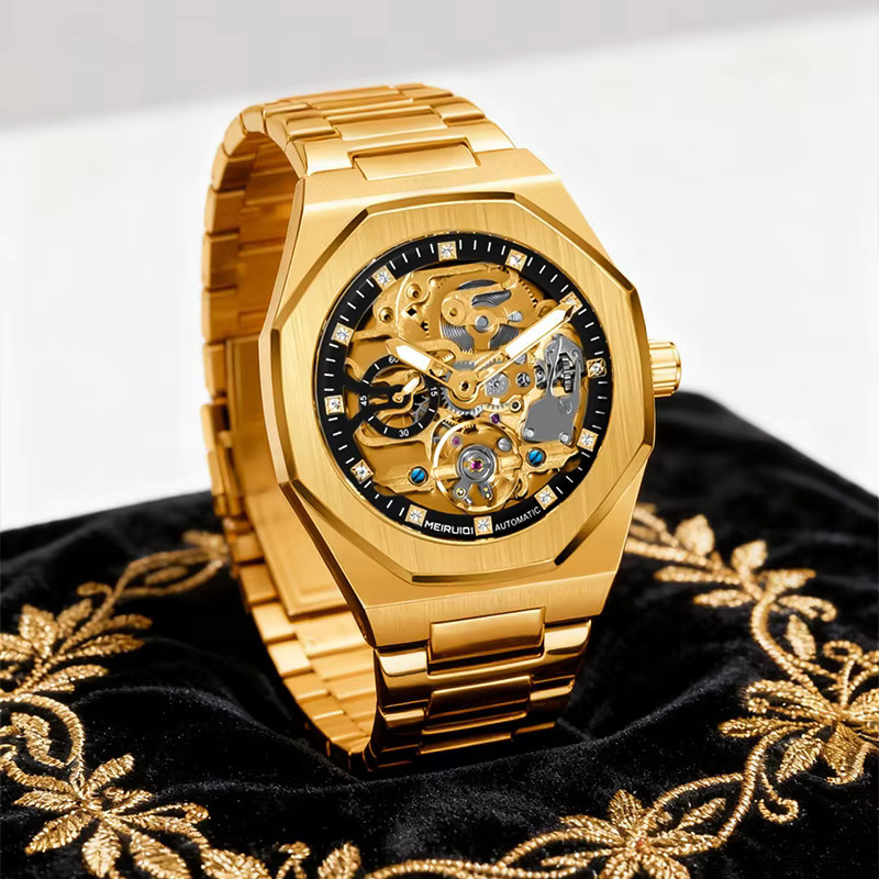 MEIRUIQI Armbanduhr Automatik, Edelstahl, Gold, Schwarz, Herren - Bild 3