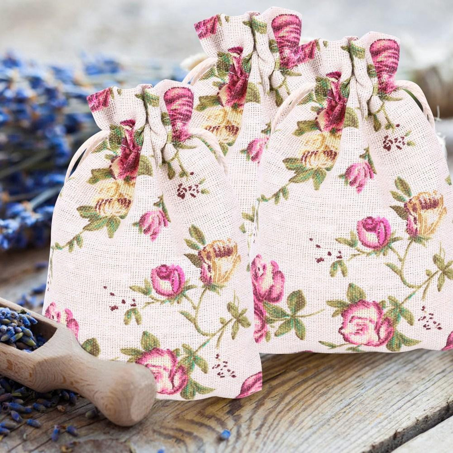 50 Stück Jutebeutel mit Kordelzug in Braun mit Blumenmuster aus Leinen und Jute als Schmuckverpackung für Hochzeiten oder Weihnachten - Bild 2