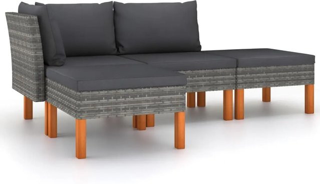 vidaXL 4-tlg Garten-Lounge-Set L-Form aus Poly-Rattan und Eukalyptusholz in Grau mit Kissen und Hockern - Bild 1