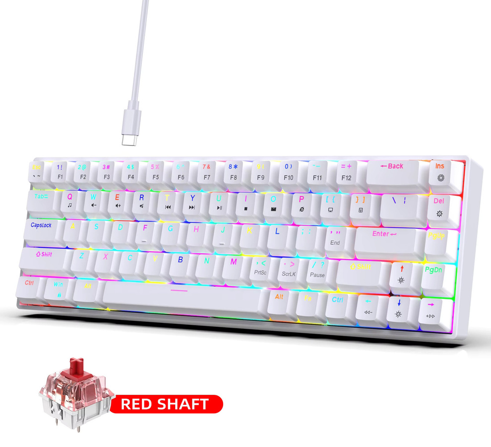 HXSJ Mechanische Gaming-Tastatur mit RGB-Hintergrundbeleuchtung, ultrakompaktes Mini-68-Tasten Design, rote Schalter, Weiß - Bild 3