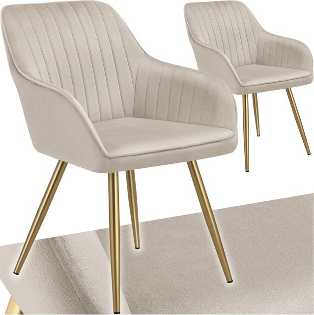 tectake Esszimmerstuhl Marilyn 2er Set, gepolstert in Samtoptik, gesteppt, Taupe mit goldenen Stahlbeinen, B/T/H: 58 x 62 x 82 cm - Bild 1