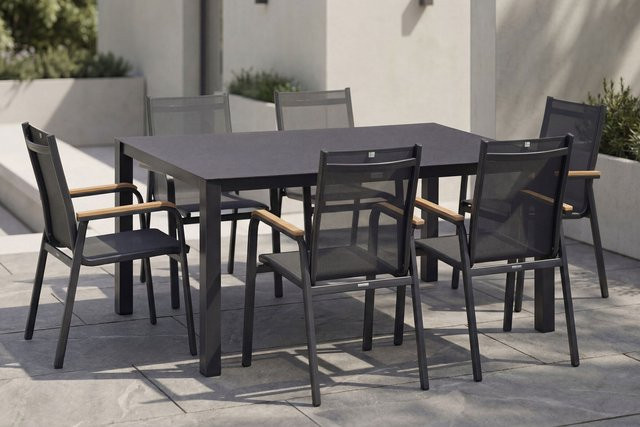Kettler Granada Garten-Essgruppe aus Aluminium und Spraystone in Anthrazit mit Tisch und 6 Stapelsesseln, Tisch B: 160 cm, T: 95 cm, H: 76 cm - Bild 1
