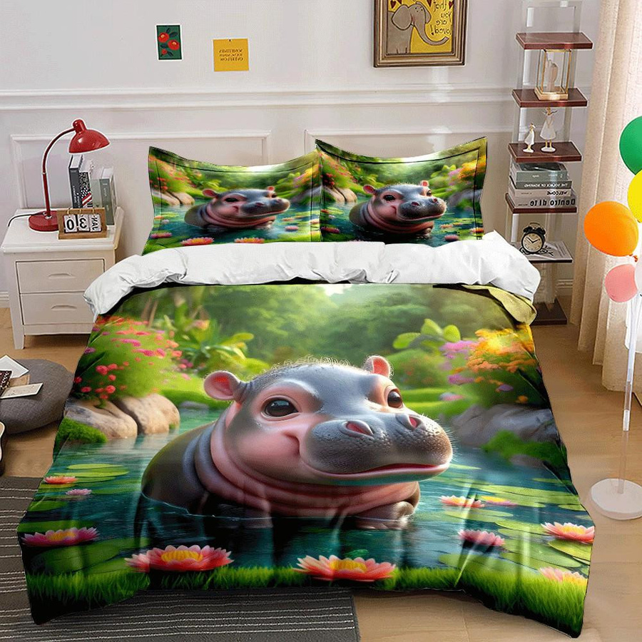 Dreiteiliges Bettwäsche-Set mit Flusspferd-Motiv für Kinderzimmer, EU Twin, B/H: 135 x 200 cm - Bild 3