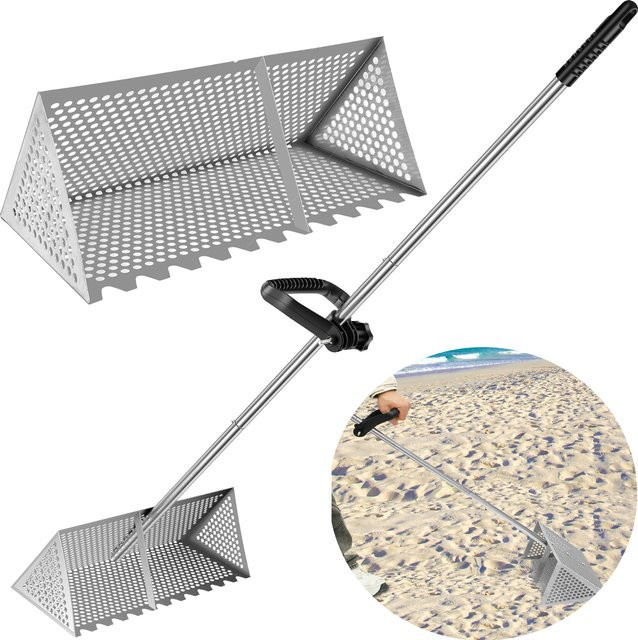 Hands DIY Sand Flohrechen aus Edelstahl in Silber mit 132 cm langem Griff zum Filtern von Sand am Strand - Bild 1