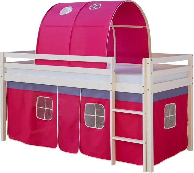 Homestyle4u Hochbett aus Kiefernholz für Kinder in Weiß mit pinkem Vorhang, B/T/H: 90 x 200 x 156 cm - Bild 1