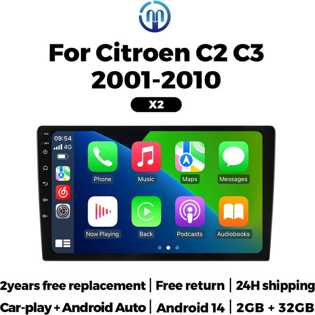 MEKEDE 9 Zoll Multimedia Autoradio mit Drahtlosem Carplay und DSP für Citroen C2 C3 2001-2010 in Schwarz - Bild 1
