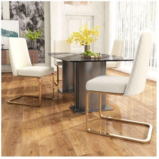 MUVOE Esszimmerstuhl Set mit 4 Stück aus Samt in Beige mit rautenförmiger Rückenlehne und goldenen Metallfüßen - Bild 1