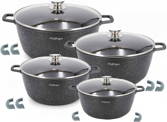 8-teiliges Kochtopf-Set Cheffinger aus Aluminium mit Keramik-Antihaftbeschichtung in Grau, geeignet für Induktion - Bild 1