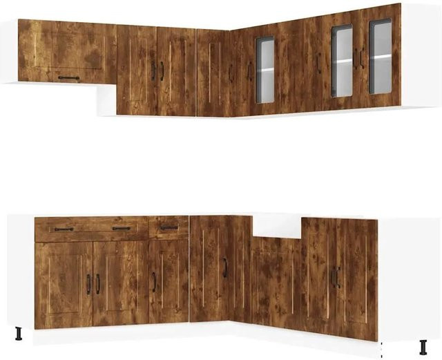 vidaXL Küchenschrank-Set Kalmar in Räuchereiche, 11-teiliges modernes Eckküchenset aus Holzwerkstoff mit Glas, Farbe: Braun, B/T/H: 81,5 x 80,0 x 46,0 cm - Bild 1