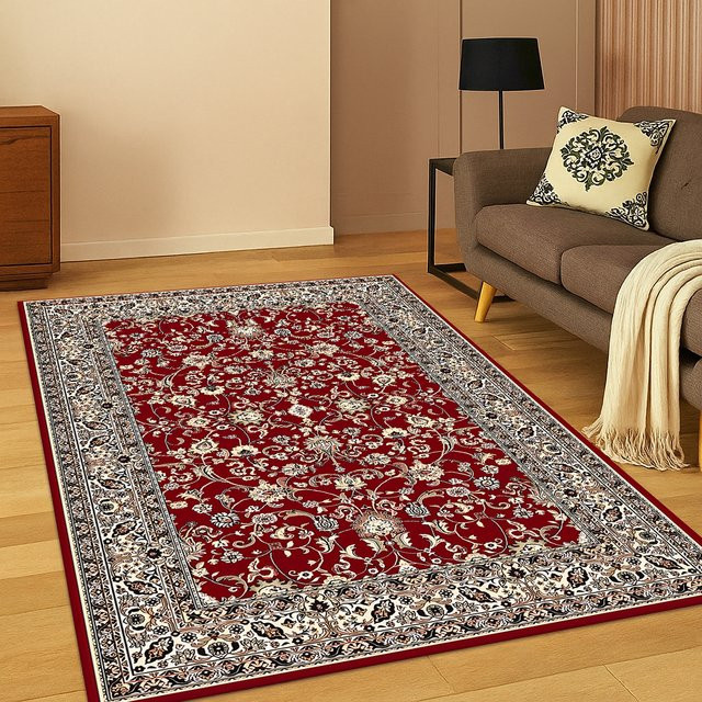 Faviora Boho Teppich mit geometrischem Blumenmuster in Rot, rutschfest - Bild 1