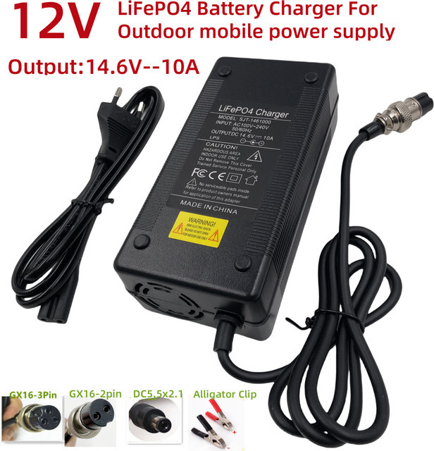 Jnenconn Ladegerät für 12 V LiFePO4 Batterien, 14,6 V 10A Schnellladegerät mit Krokodilklemmen, Schwarz - Bild 1