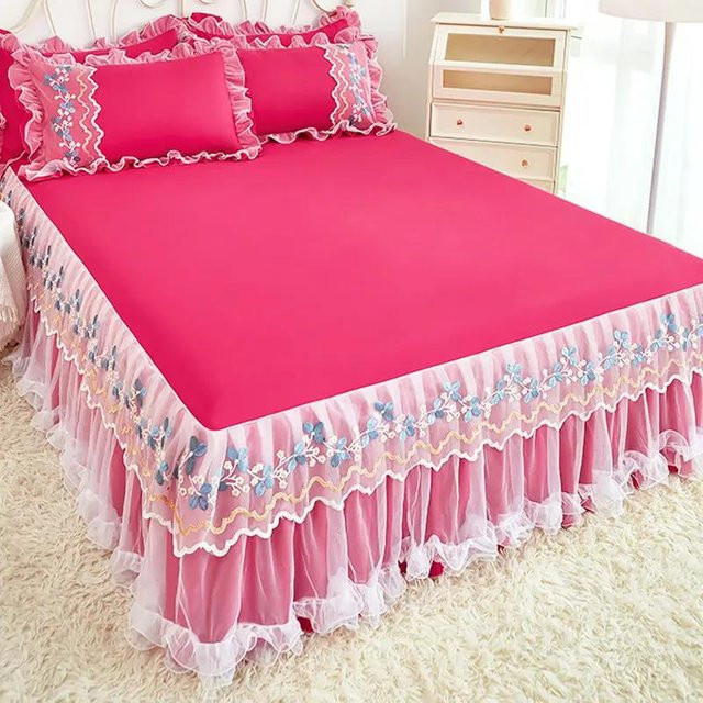 Super Six Minimalistischer Bettrock mit Prinzessinnen-Stickerei aus Spitze in Pink, B/T: 120 x 200 cm - Bild 1