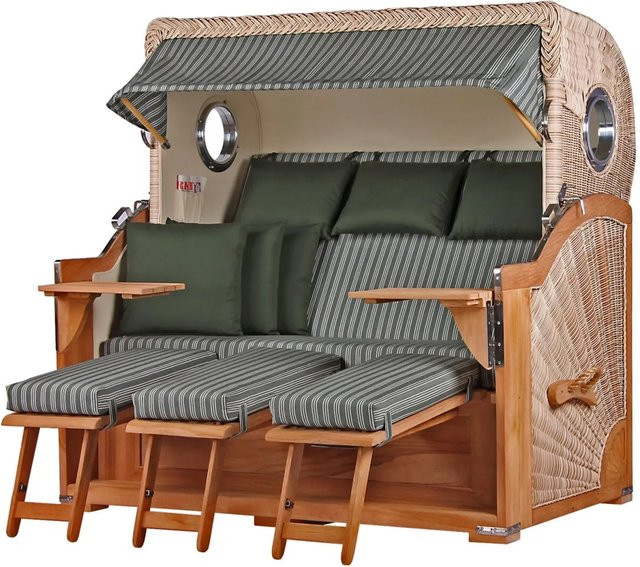 bene,iving Strandkorb Komplettset Königssee 3 Sitzer aus Teakholz mit PE Shell Modell 504, Braun/Mehrfarbig, inklusive Liftersystem, Schutzhülle, Doppelrollen und Glasbecherhalter - Bild 1