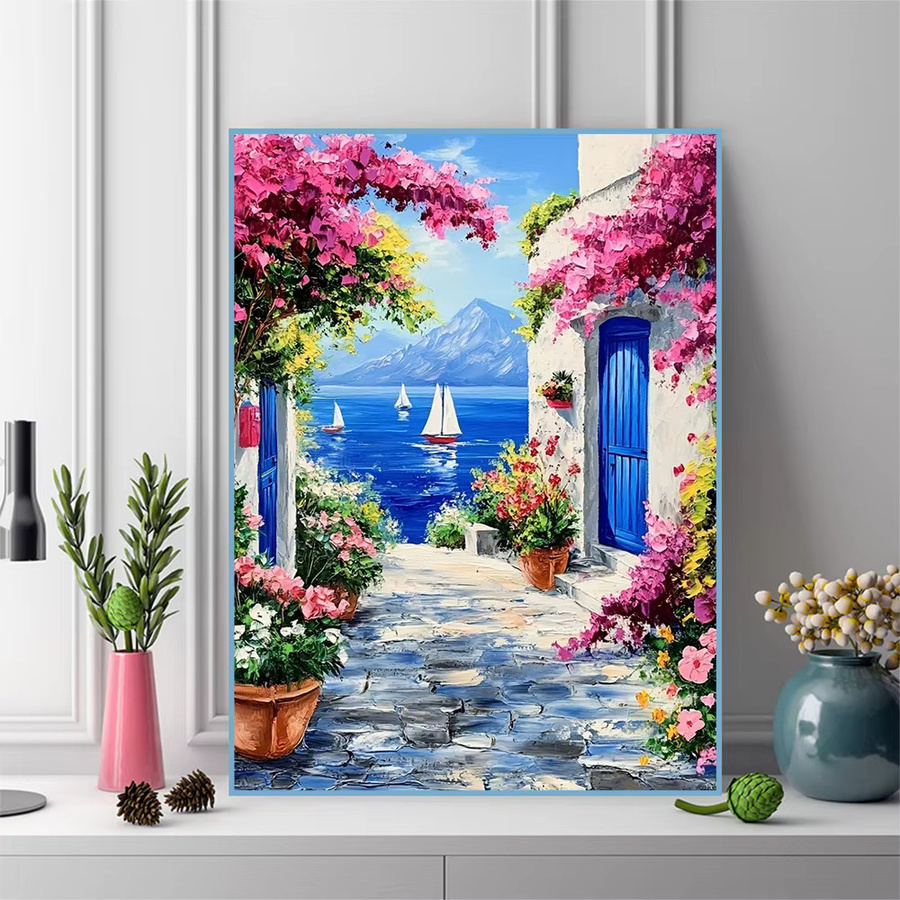 Evershine 5D Voll-Diamant-Stickerei Küstenlandschaft mit Boot und Blumen als Mosaik-Strass-Bild in Multicolour, B/H: 30 x 20 cm - Bild 3