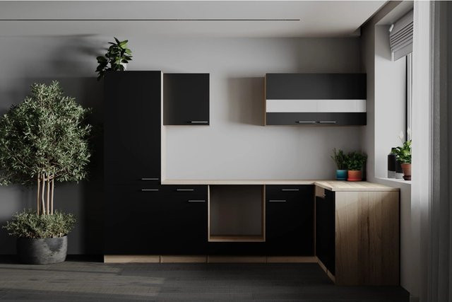 Respekta Winkelküche Merle in Schwarz und Eiche Sägerau Nachbildung mit Glastüren und Soft-Close-Funktion, Breite: 280 cm, Höhe: 200 cm - Bild 1