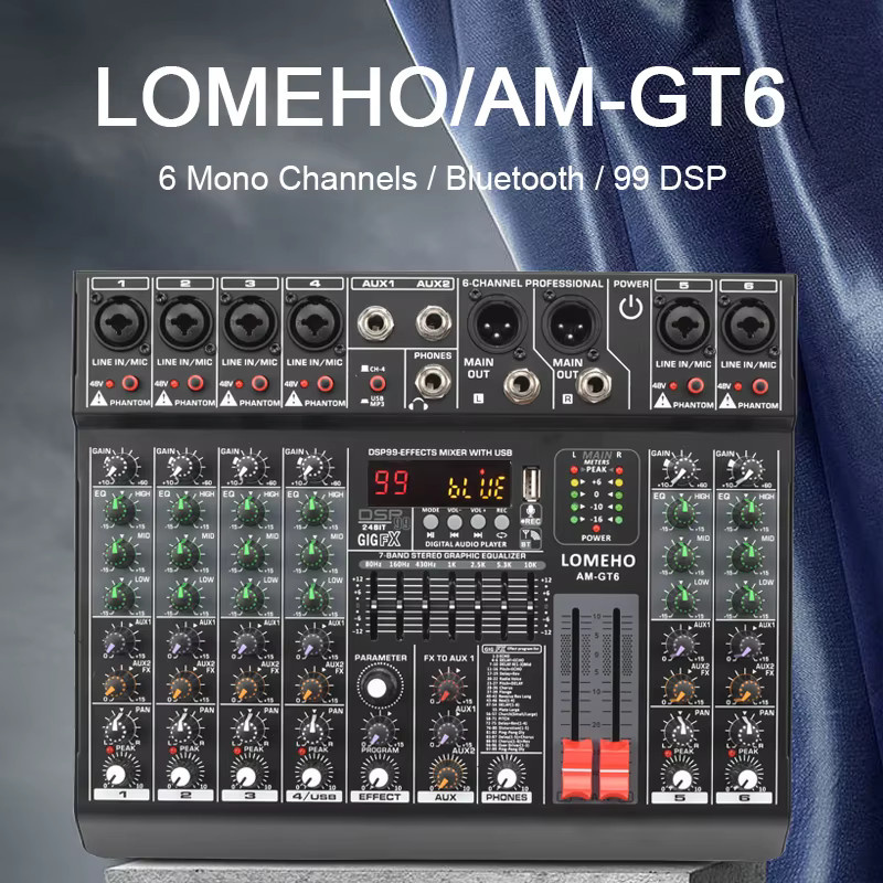 LOMEHO AM-GT6 Digitales 6-Kanal Mischpult mit Bluetooth, USB und 99 Effekten in Schwarz - Bild 2