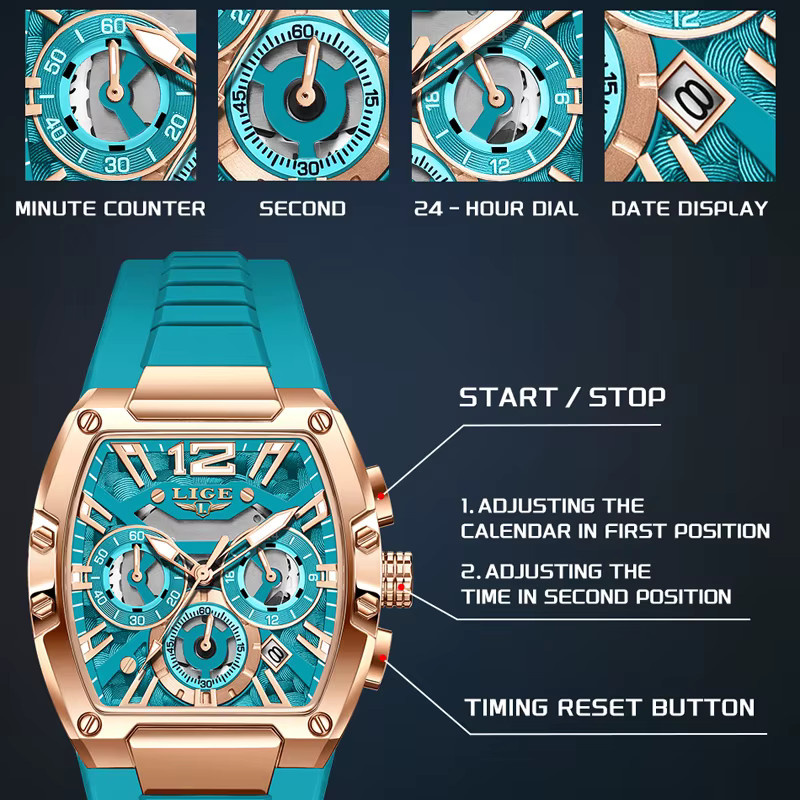 LIGE Chronograph Armbanduhr, Quarz, Tonneau, Blau, Silikonarmband, Herren - Bild 5