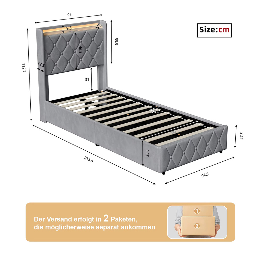 Superaly Kinder Polsterbett mit hydraulischem Stauraum und Lattenrost, Dunkelgrau, B/T: 90 x 200 cm - Bild 5