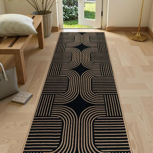 VIKAMA Läufer Schwarz-Gold Geometrisches Design Rutschfester und Waschbarer Moderner Teppich für Flur und Küche Breite: 60 cm - Bild 1