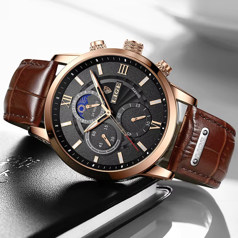 LIGE Armbanduhr Leder, Quarz, Schwarz, Roségold, Herren - Bild 2
