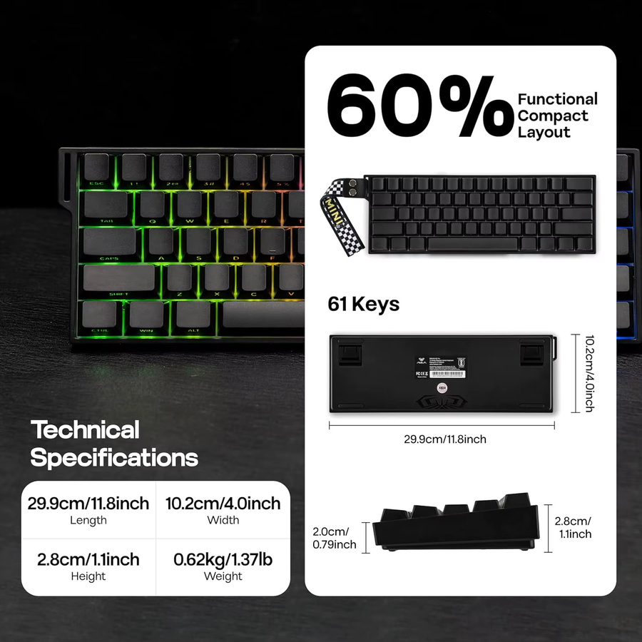 AULA Mini60 HE/Pro/Max 60 % mechanische Tastatur mit Magnetschalter, RGB, Tri-Mode kabellos, 8000 Hz und 0,01 mm RT, Schwarz - Bild 2