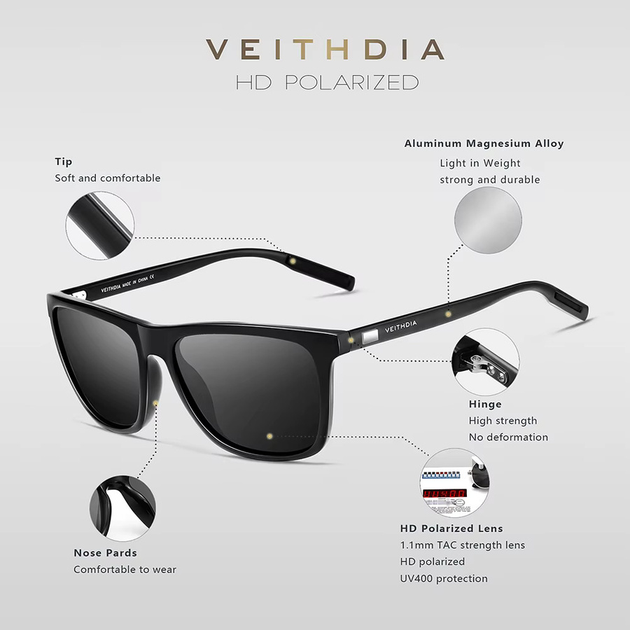 VEITHDIA 6108 Sonnenbrille, Vollrand, Square, Schwarz, Unisex - Bild 2