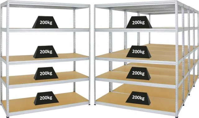 PROREGAL 5er Set Schwerlastregal Giant Elephant aus Metall und MDF Holz, Farbe Silber, H x B x T: 180 x 150 x 60 cm, Fachlast 200 kg, verstellbare Regalböden - Bild 1